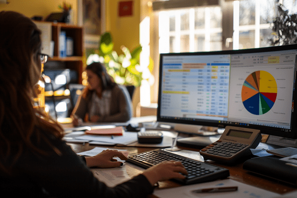 A woman reviews charts and graphs on her computer in the office