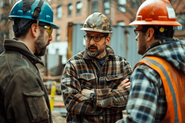 Three construction workers having a tense discussion on a jobsite