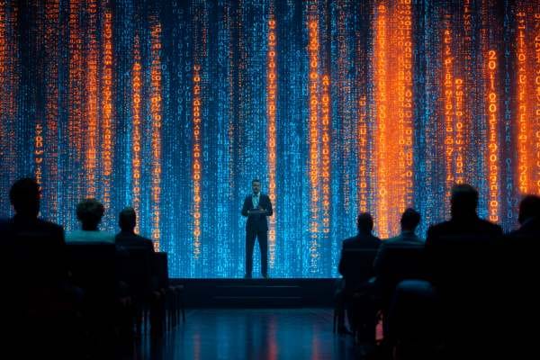 Businessman standing on stage in front of a blue and orange binary code wall, speaking to audience