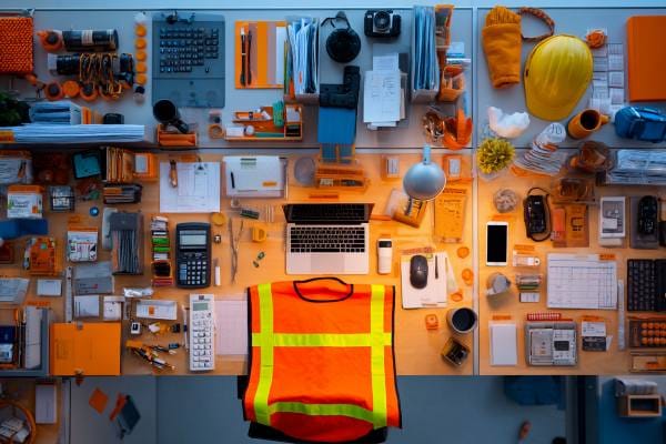 overhead view of a cluttered safety professional's desk