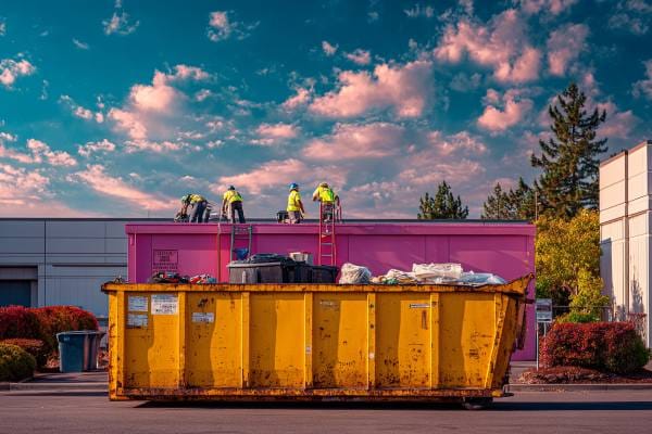 construction workers repairing a roof on top of a building next to a roll-off dumpster