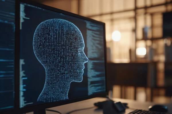 outline of human head in binary code on a computer monitor