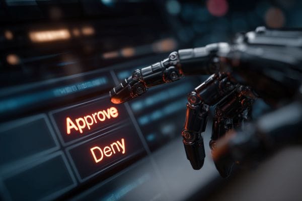 a robot hand pointing to buttons that say "Approve" and "Deny" on a screen