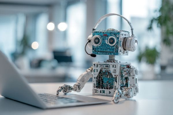 friendly AI robot wearing a headset typing on a laptop in a modern office