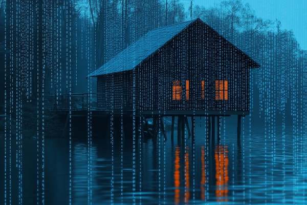 a lakehouse on a lake drawn in blue and orange vertical binary code lines