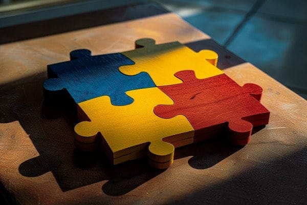 Four different puzzle pieces connected together into one block
