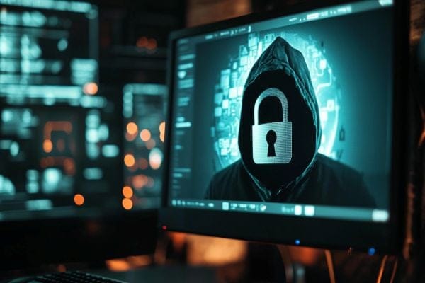 masked hacker on a computer monitor with lock icon