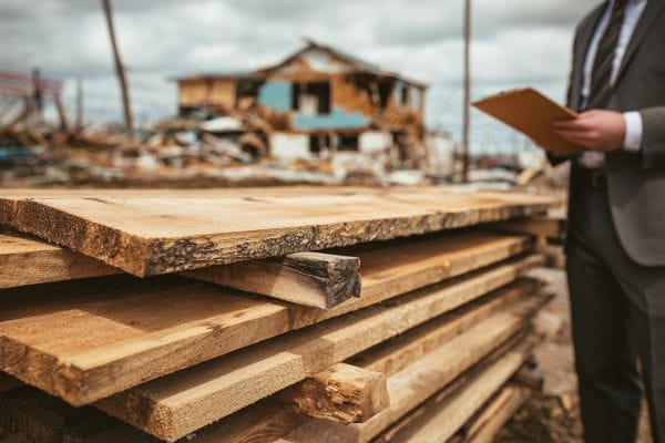 insurance professional with a clipboard standing next to a stack of new wooden planks in front of a damaged house