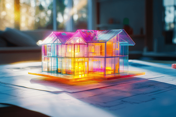 A multi-colored model home sitting on top of a large blueprint