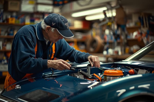 Mechanic working on a shiny sports car in a garage