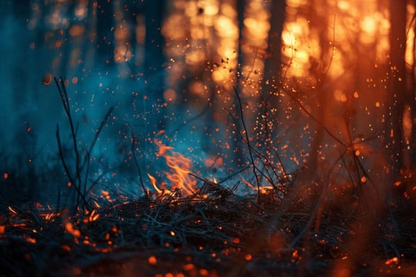 Closeup of a wildfire burning on the ground