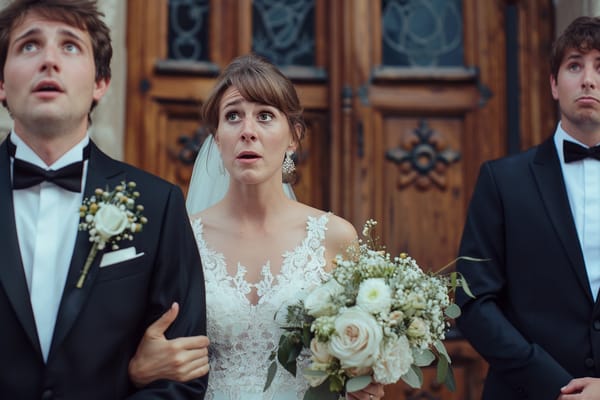 Woman in wedding gown holding bouquet and man in tuxedo in front of church both with worried expressions 