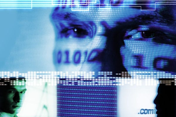 Men's faces with binary code over them