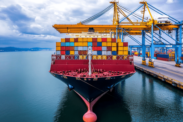 A cargo ship filled with shipping containers docked at a pier
