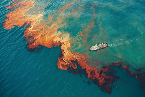 An overhead view of a ship surveying a large oil spill on the ocean