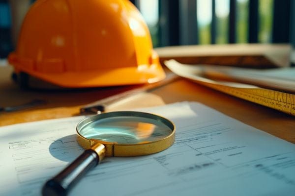 construction paperwork under a magnifying glass next to a hardhat on a table