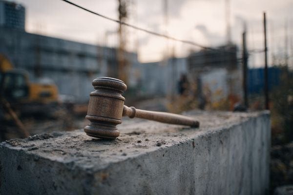 judicial gavel on a concrete block at a construction site