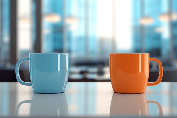 A blue coffee cup next to an orange coffee cup on an office desk