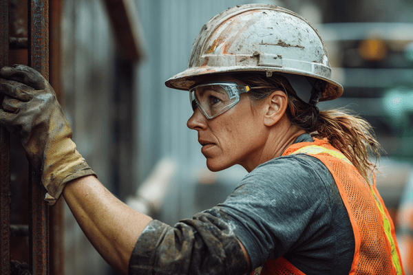 A woman construction worker grips metal with her gloved hand