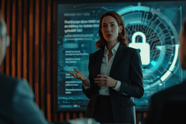 a woman speaks to colleagues with a locked cyber symbol on a screen behind her