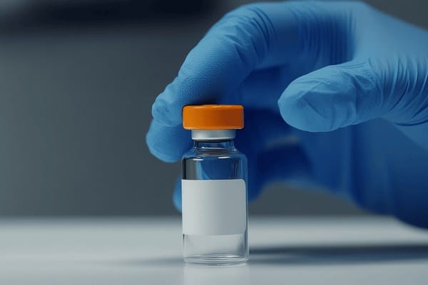 A hand in a blue latex glove reaches for a glass vaccine bottle with an orange lid