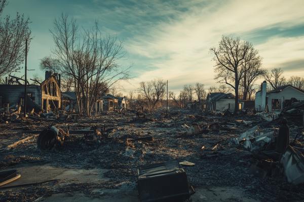 destroyed residential neighborhood after wildfire