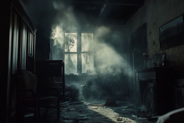 The burned interior of a home with smoke visible in streaming sunlight