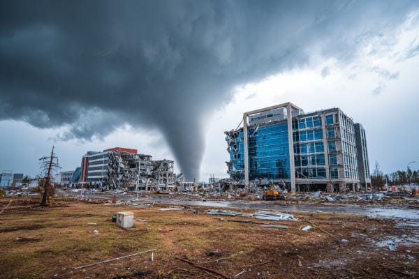 tornado between two partially-destroyed buildings