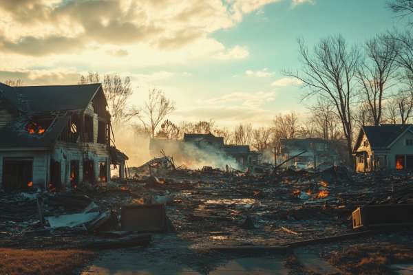 destroyed residential neighborhood after a wildfire