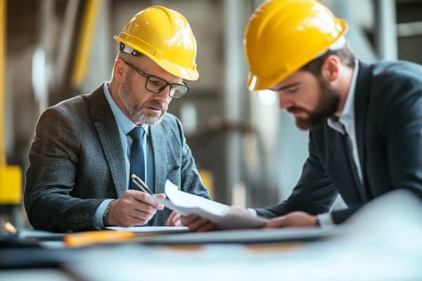 two construction professionals in hard hats and suits
                    reviewing contracts