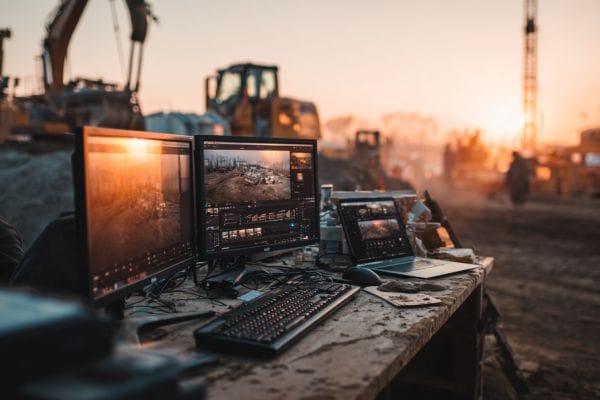 computer screen tech setup on a construction site at sunrise
