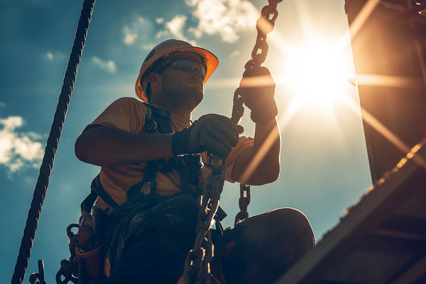 A silhouetted construction worker works on chains while the sun shines brightly behind him