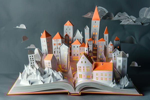 A pop-up paper town inside a book.