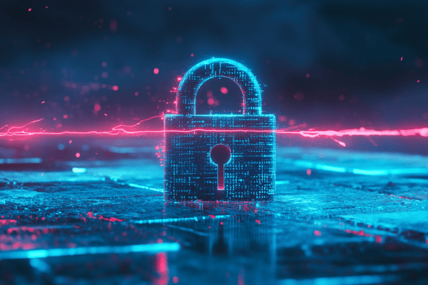 A blue cyber padlock stays strong while a glowing red line strikes through it
