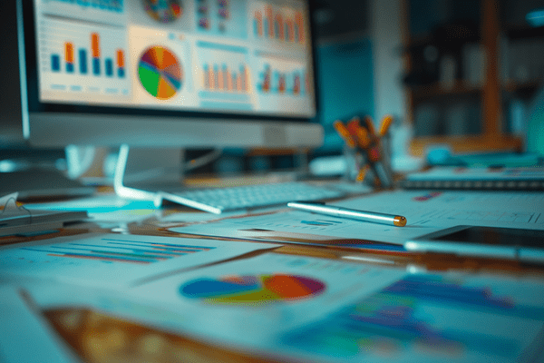 A computer displaying multiple graphs and charts with more graphs and charts on the desk
