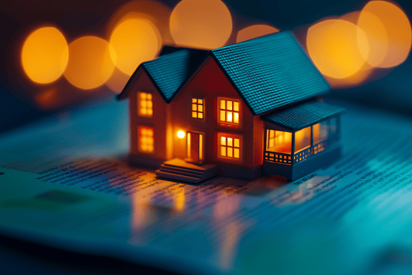A model home with its inside lights on sitting on a document