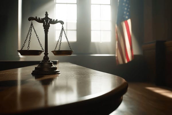 the scales of justice sit in an empty courtroom with an American flag in the background