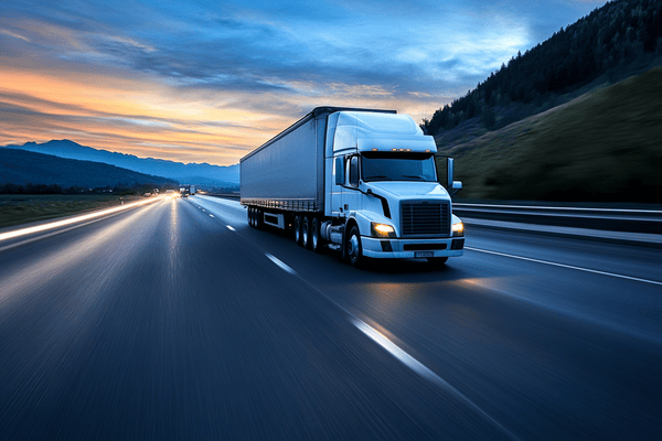 A semitruck driving on the highway at sunset