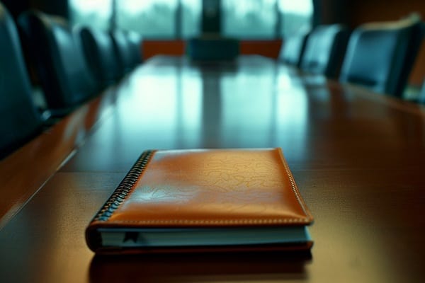 A brown leather notebook sits on the table in an empty office meeting room