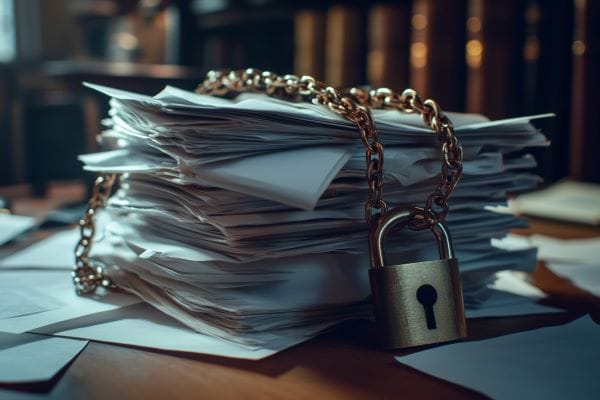 a stack of documents with a lock and chain in an office