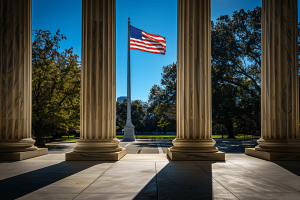 The American flag flying out front of a columned building