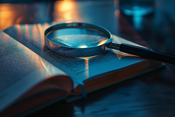 A magnifying glass lays on top of an open book