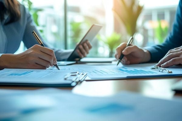 two professionals comparing contracts over a conference table