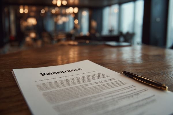 paperwork that says "reinsurance" and a pen on a table in an office
