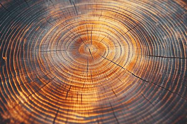 A close-up image of tree rings on a thick log
