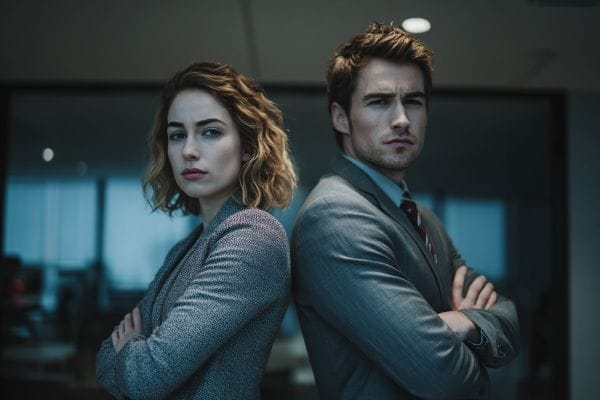 Two angry business professionals with their arms crossed and backs to each other