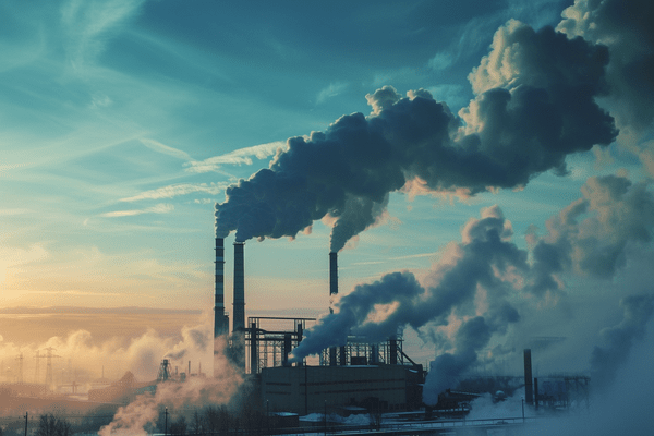 A factory with multiple stacks of pollution at sunset 