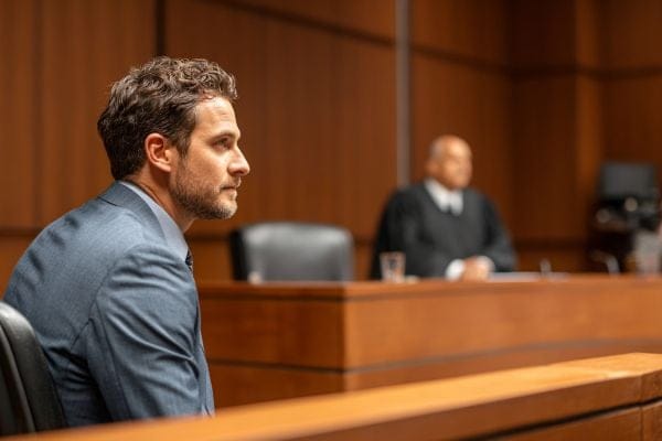 businessman in a suit sitting in the witness box in a courtroom near the judge