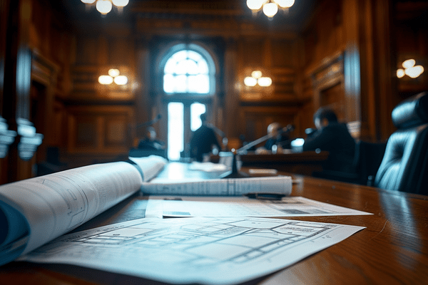 Blueprints laying on a wooden desk in a courtroom