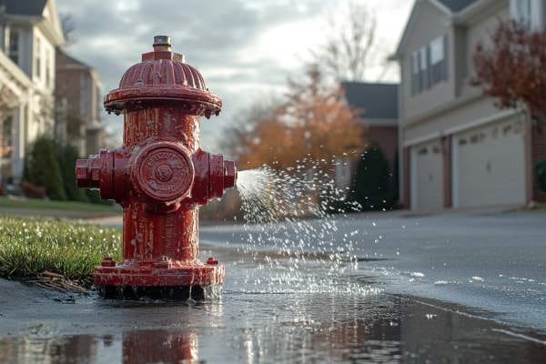 water spraying weakly from a fire hydrant in a residential neighborhood